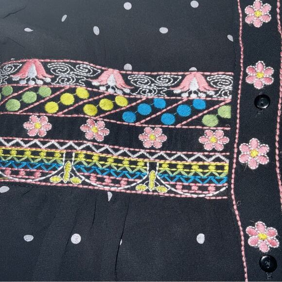 Aly Daly Black Polka Dot Embroidered Boho Peasant Sheer Lined Dress M Cottage - Picture 5 of 13